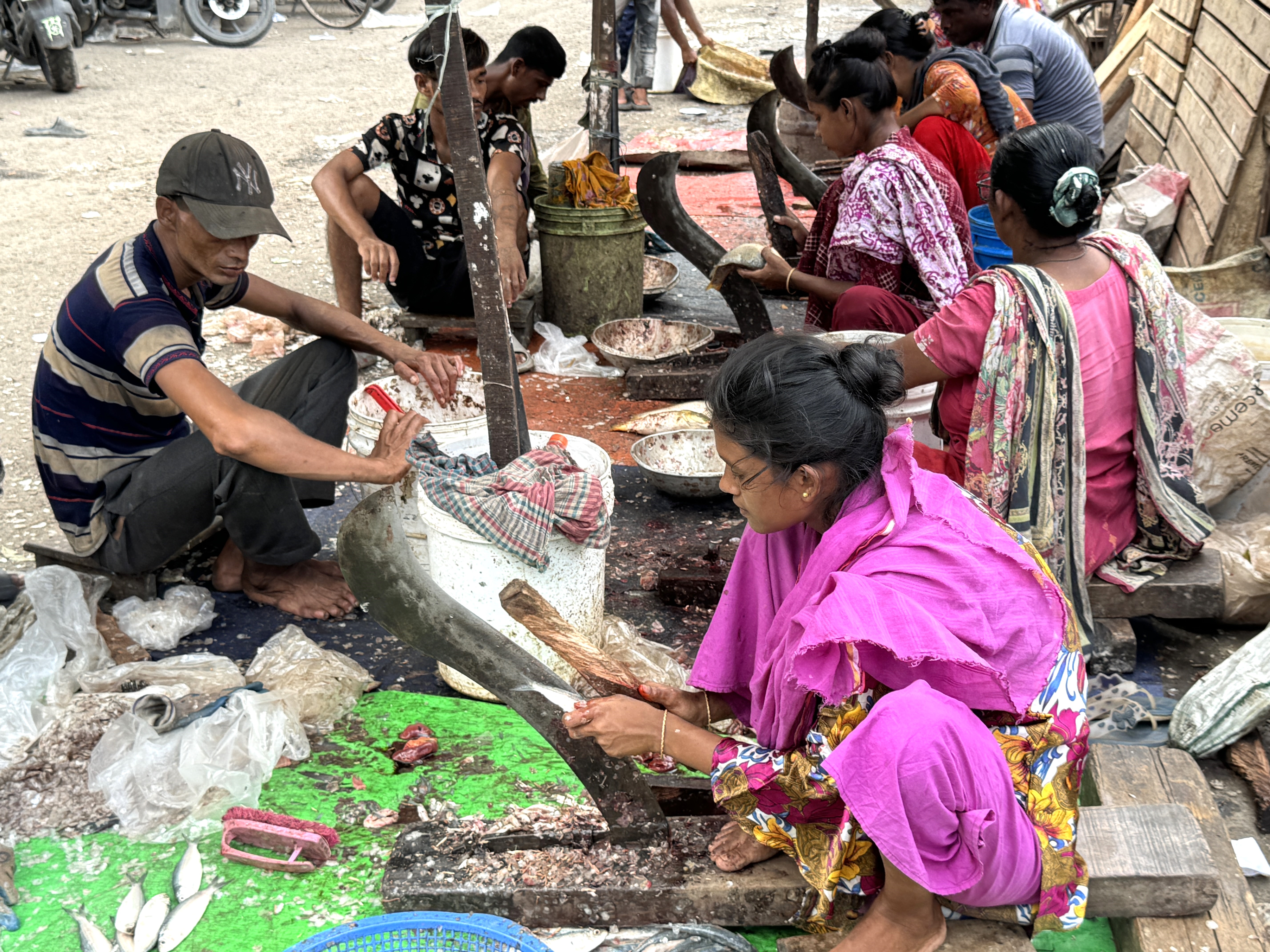 Bashna Banu, a migrant from northeast Bangladesh, cleans fish in the Karwan Bazar slum on a hot day in August 2024 in the capital Dhaka. Credit: Mosabber Hossain
